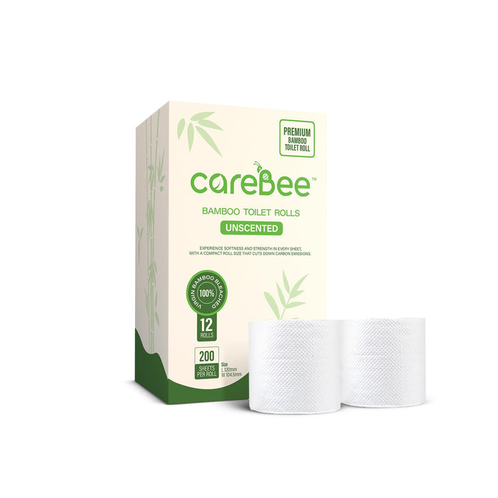 careBee Bamboo Toilet Rolls | Unscented | 3-Ply | 100% Bamboo | Plastic-Free Packaging | 200 Sheets Per Roll | Biodegradable, Compostable & Eco-Friendly | Vegan