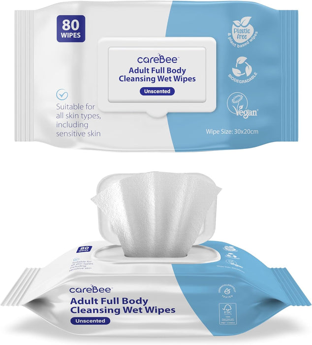 CareBee Adult Body Wipes – Plastic-Free, Plant-Based, FSC Certified, Biodegradable & Vegan | Dermatologically Tested Cleansing Wipes for Daily Freshness & Hygiene (White)