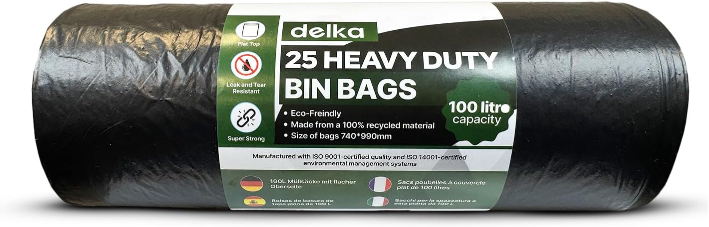 delka Heavy Duty Bin Bags, Extra Strong, Tear-Resistant Garbage Bags for Household, Commercial, and Garden Waste, Leak & Tear Resistant, Flat Top, Eco-Freindly, Recyclable