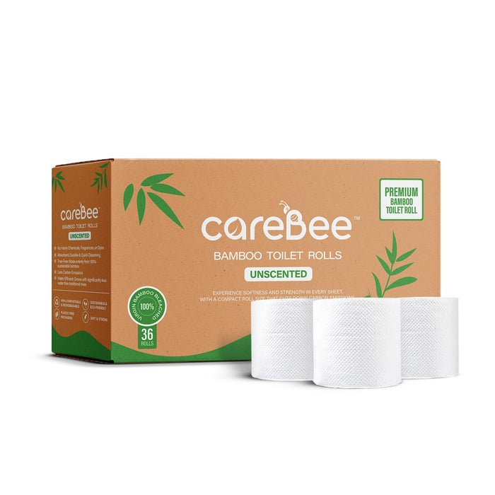 careBee Bamboo Toilet Rolls | Unscented | 3-Ply | 100% Bamboo | Plastic-Free Packaging | 200 Sheets Per Roll | Biodegradable, Compostable & Eco-Friendly | Vegan