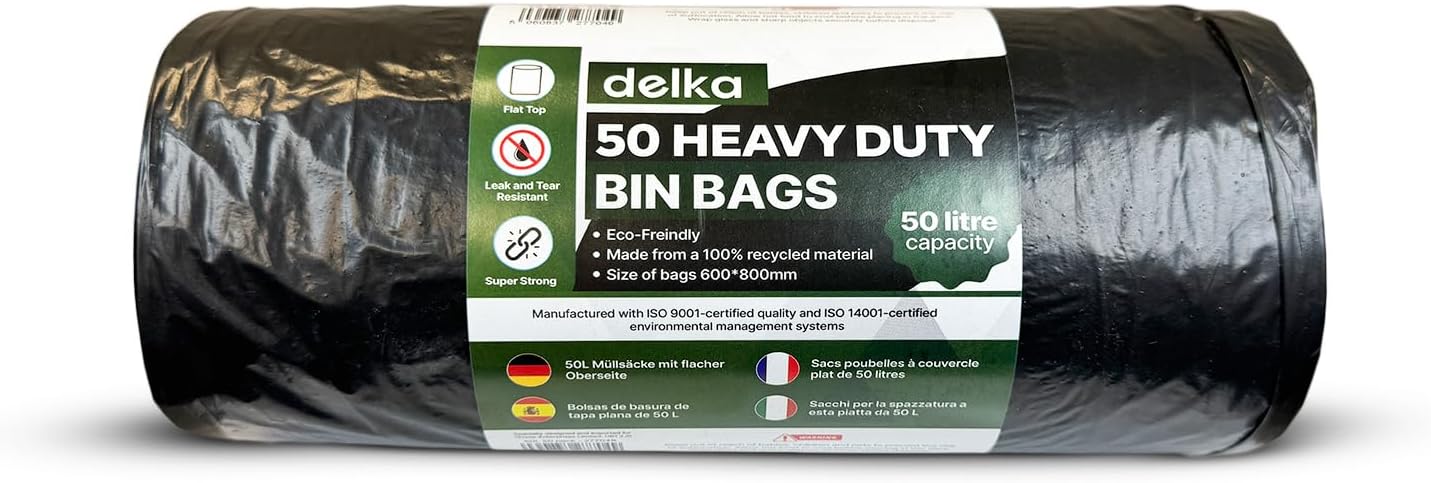 delka Heavy Duty Bin Bags, Extra Strong, Tear-Resistant Garbage Bags for Household, Commercial, and Garden Waste, Leak & Tear Resistant, Flat Top, Eco-Freindly, Recyclable