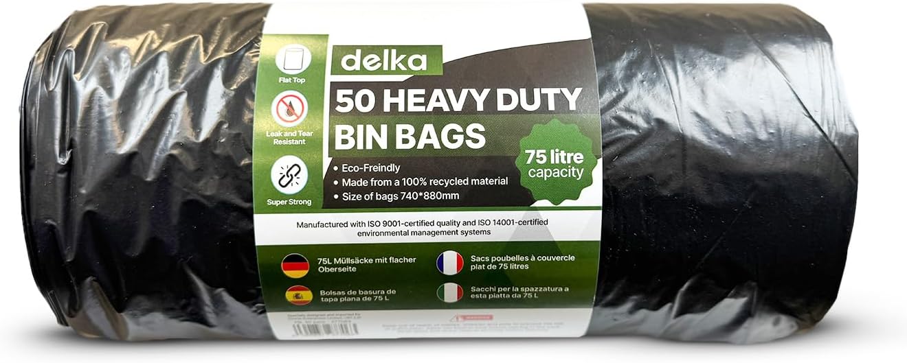 delka Heavy Duty Bin Bags, Extra Strong, Tear-Resistant Garbage Bags for Household, Commercial, and Garden Waste, Leak & Tear Resistant, Flat Top, Eco-Freindly, Recyclable