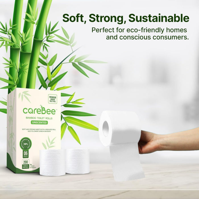 careBee Bamboo Toilet Rolls | Unscented | 3-Ply | 100% Bamboo | Plastic-Free Packaging | 200 Sheets Per Roll | Biodegradable, Compostable & Eco-Friendly | Vegan