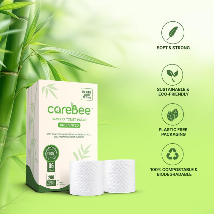 careBee Bamboo Toilet Rolls | Unscented | 3-Ply | 100% Bamboo | Plastic-Free Packaging | 200 Sheets Per Roll | Biodegradable, Compostable & Eco-Friendly | Vegan