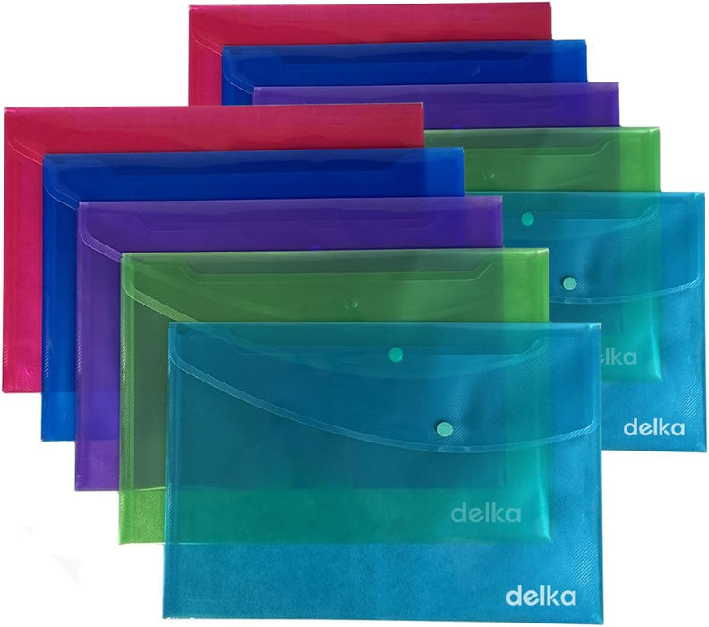 delka A4+ Popper Wallet Foolscap, Assorted Transparent Colours, Durable Document Folders, Secure Snap Closure, Tear-Resistant, Ideal for School, Office, or Home Use