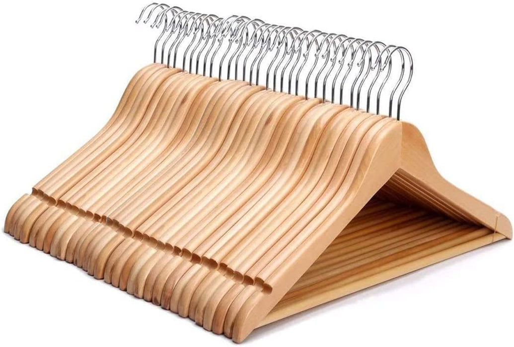 KEPLIN Strong Wooden Coat Hangers with 360 Degree Rotatory Hook & Round Trouser Bar & Shoulder Notches - Durable Wardrobe Space Saver - Suitable for Coat, Jacket, Suit, Jumper