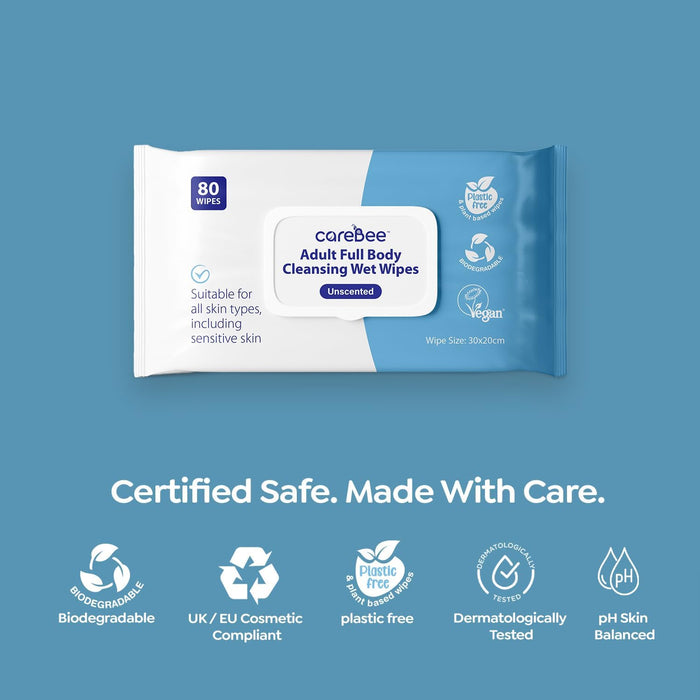 CareBee Adult Body Wipes – Plastic-Free, Plant-Based, FSC Certified, Biodegradable & Vegan | Dermatologically Tested Cleansing Wipes for Daily Freshness & Hygiene (White)