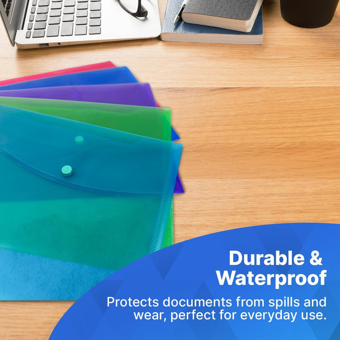 delka A4+ Popper Wallet Foolscap, Assorted Transparent Colours, Durable Document Folders, Secure Snap Closure, Tear-Resistant, Ideal for School, Office, or Home Use