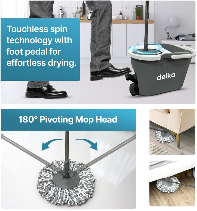 delka Spin Mop and Bucket Set – Easy Foot Pedal Water Removal, 360° Swivel Motion, Includes 2 Microfibre Mop Heads, All-Surface Cleaning, Splash Guard for Clean Mopping – Mop and Buckets Sets