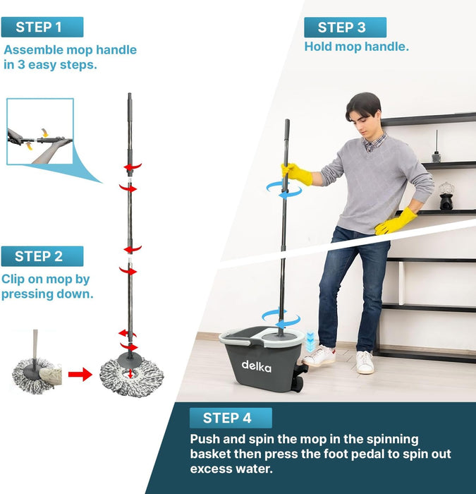 delka Spin Mop and Bucket Set – Easy Foot Pedal Water Removal, 360° Swivel Motion, Includes 2 Microfibre Mop Heads, All-Surface Cleaning, Splash Guard for Clean Mopping – Mop and Buckets Sets