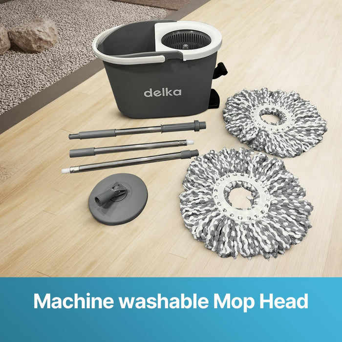 delka Spin Mop and Bucket Set – Easy Foot Pedal Water Removal, 360° Swivel Motion, Includes 2 Microfibre Mop Heads, All-Surface Cleaning, Splash Guard for Clean Mopping – Mop and Buckets Sets