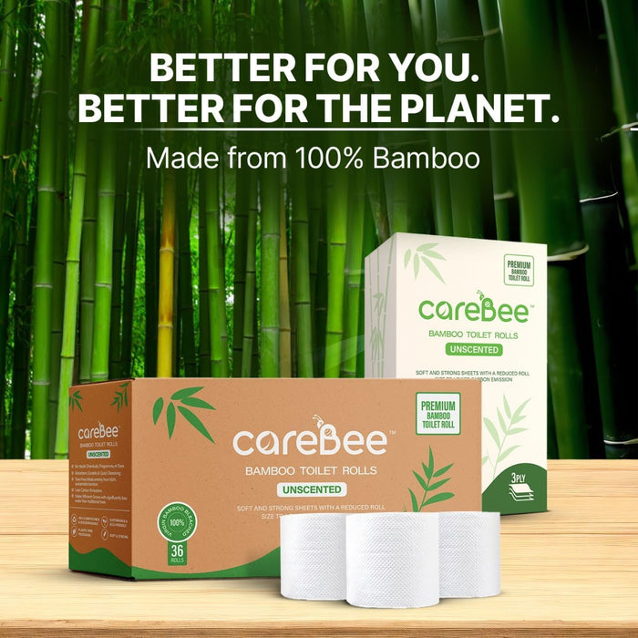 careBee Bamboo Toilet Rolls | Unscented | 3-Ply | 100% Bamboo | Plastic-Free Packaging | 200 Sheets Per Roll | Biodegradable, Compostable & Eco-Friendly | Vegan