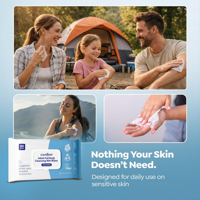 CareBee Adult Body Wipes – Plastic-Free, Plant-Based, FSC Certified, Biodegradable & Vegan | Dermatologically Tested Cleansing Wipes for Daily Freshness & Hygiene (White)