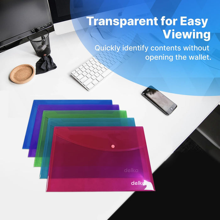 delka A4+ Popper Wallet Foolscap, Assorted Transparent Colours, Durable Document Folders, Secure Snap Closure, Tear-Resistant, Ideal for School, Office, or Home Use