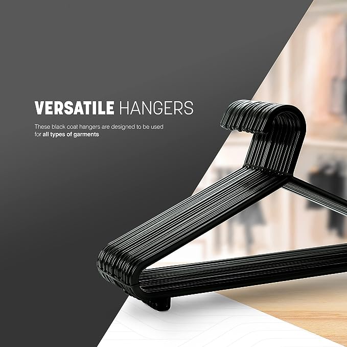 KEPLIN 50 Pack Black Plastic Hangers Adult Non-Slip & Strong Suitable For All Clothes With Trouser Bar & Hooks Space Saving & Storage Organising for Wardrobe and Clothes Rail 37.5x20cm Unisex