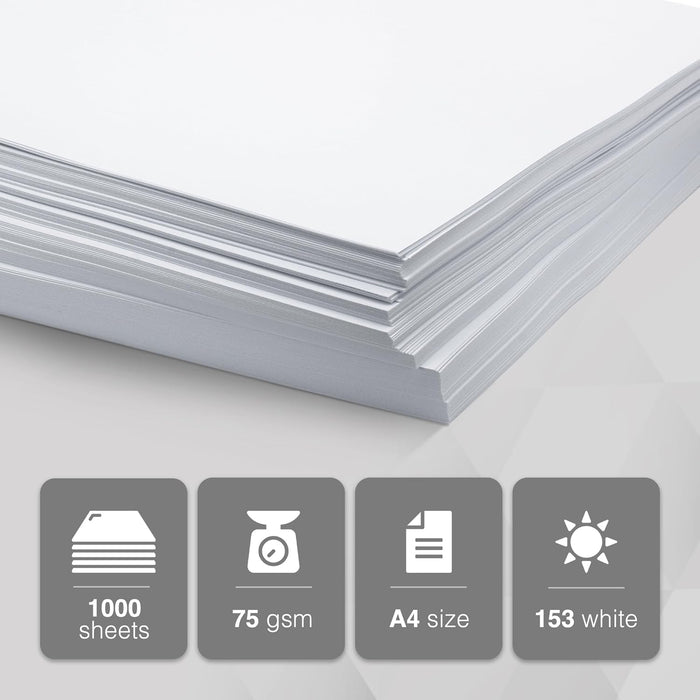 delka Multi-Purpose A4 Printer Paper, 75gsm A4 Paper, 2 Ream, 1000 Sheets, White