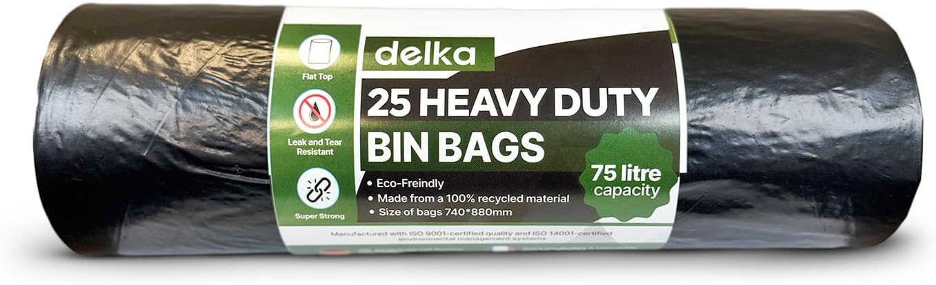 delka Heavy Duty Bin Bags, Extra Strong, Tear-Resistant Garbage Bags for Household, Commercial, and Garden Waste, Leak & Tear Resistant, Flat Top, Eco-Freindly, Recyclable