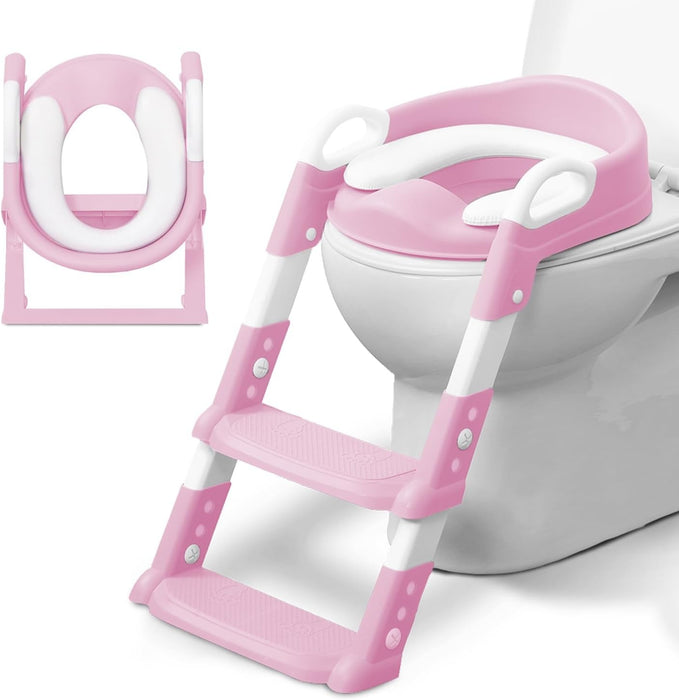 KIDOOLA Adjustable Potty Ladder Seat for Toilet Training with Steps, Handle & Soft Cushion Design Non Slip & Space Efficient Toddlers & Children Unisex Foldable & Easy Assembly Splash Guard Included
